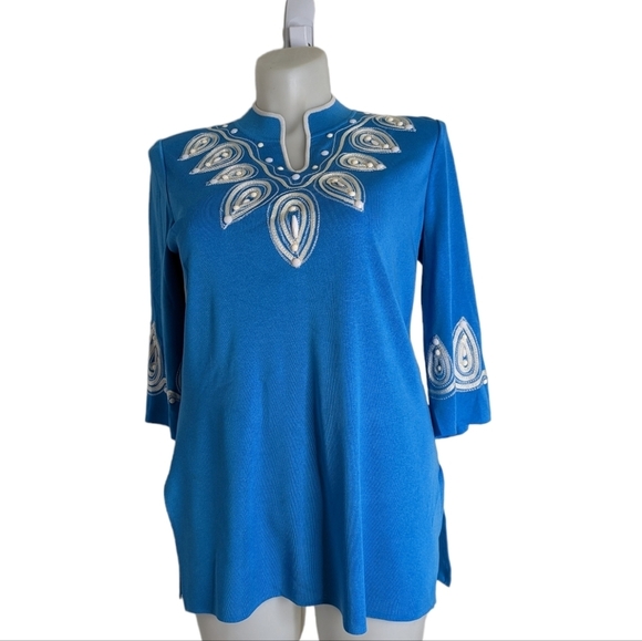 Ming Wang Beaded Embroidered Tunic Top 3/4 Sleeves Light Blue & White Size Large - Picture 1 of 9